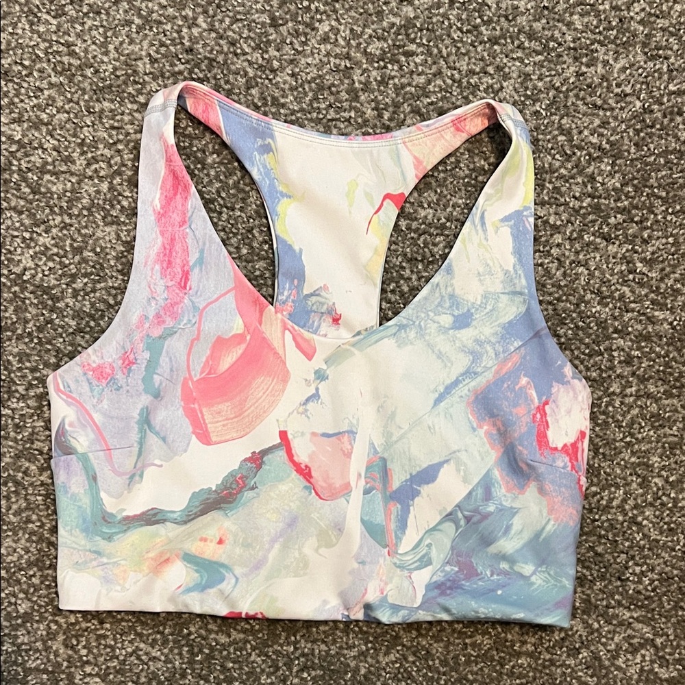 Zella Marble-Print Racerback Sports Bra in White, Pink & Blue